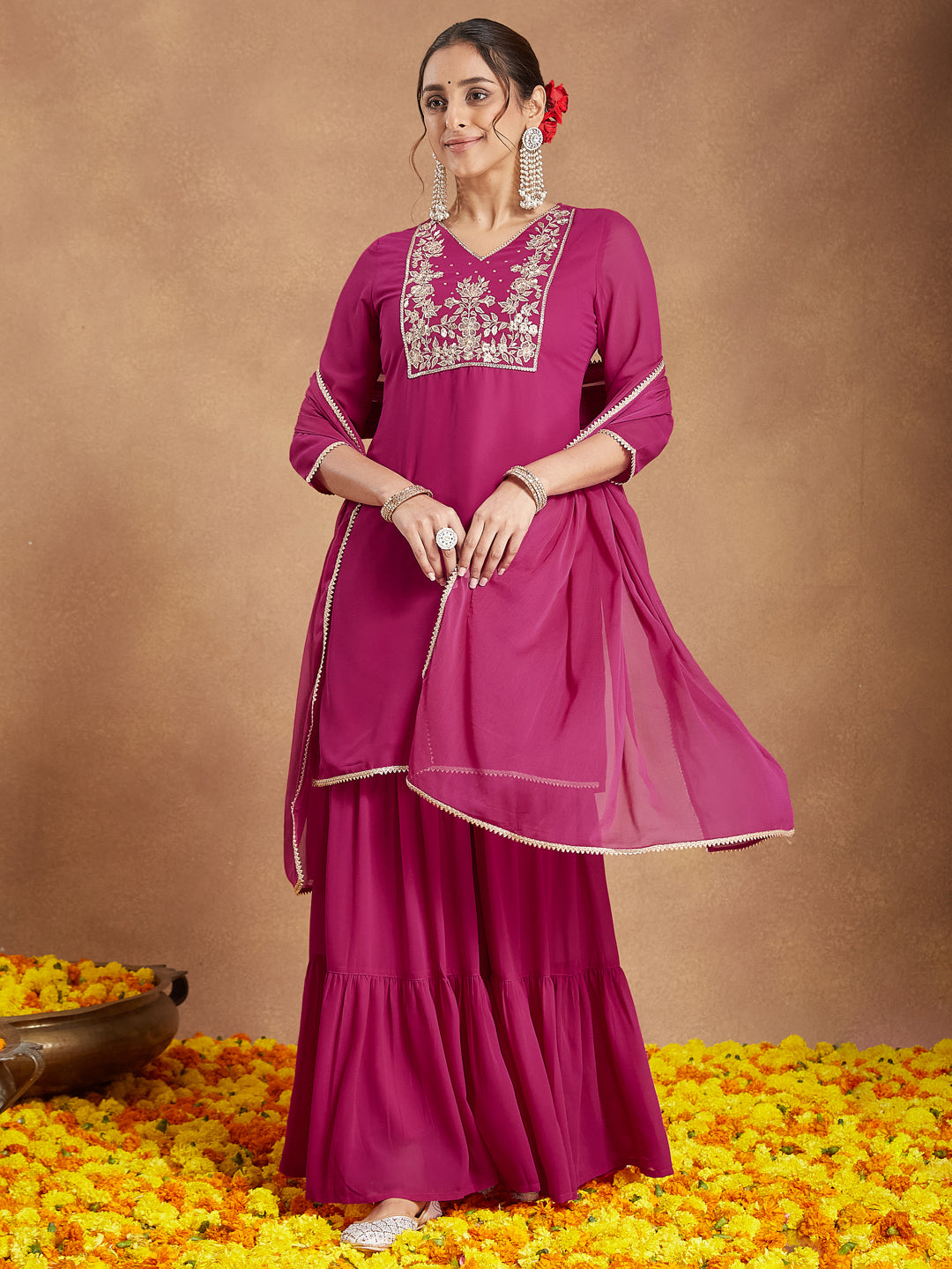 Women's Pink Georgette Embroidered Straight Kurta With Sharara & Dupatta Set