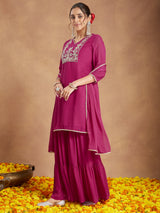 Women's Pink Georgette Embroidered Straight Kurta With Sharara & Dupatta Set