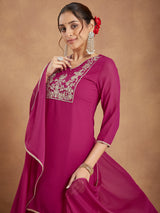 Women's Pink Georgette Embroidered Straight Kurta With Sharara & Dupatta Set