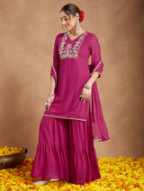 Women's Pink Georgette Embroidered Straight Kurta With Sharara & Dupatta Set