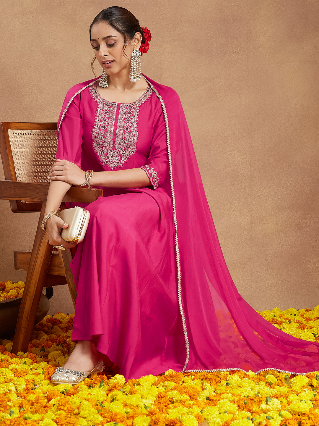 Women's Pink Chanderi Silk Yoke Embroidered Anarkali Kurta Set