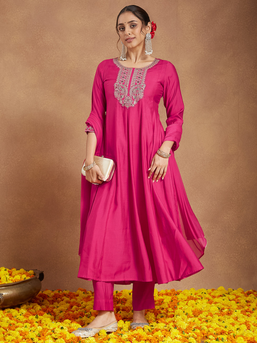 Women's Pink Chanderi Silk Yoke Embroidered Anarkali Kurta Set