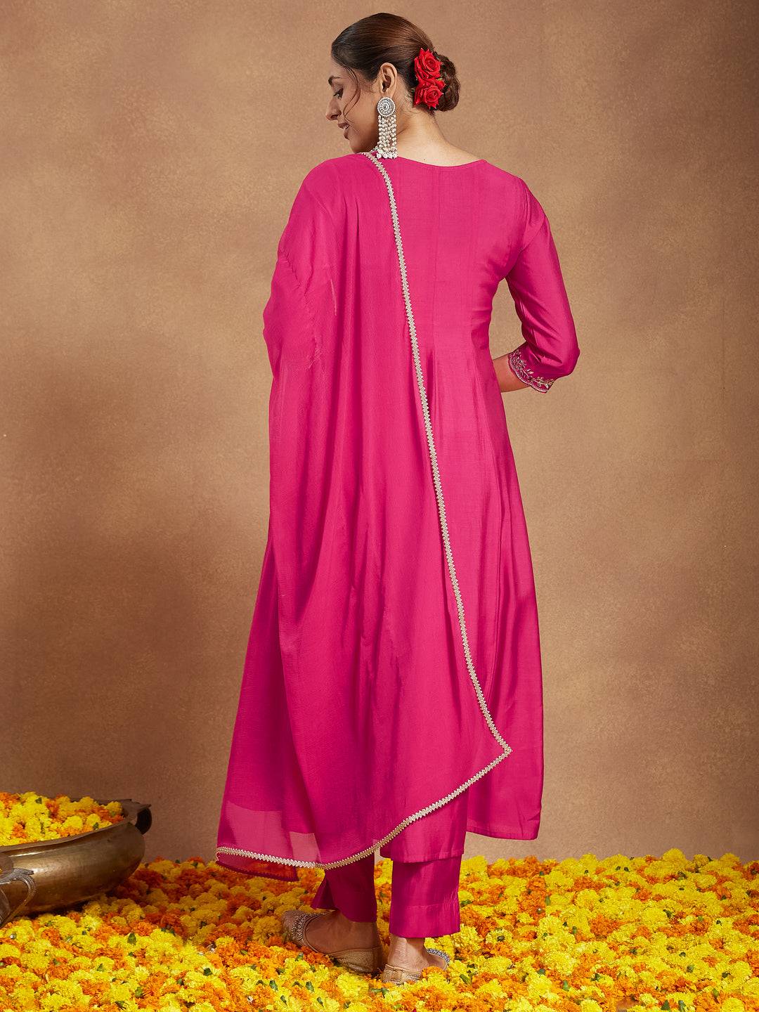Women's Pink Chanderi Silk Yoke Embroidered Anarkali Kurta Set