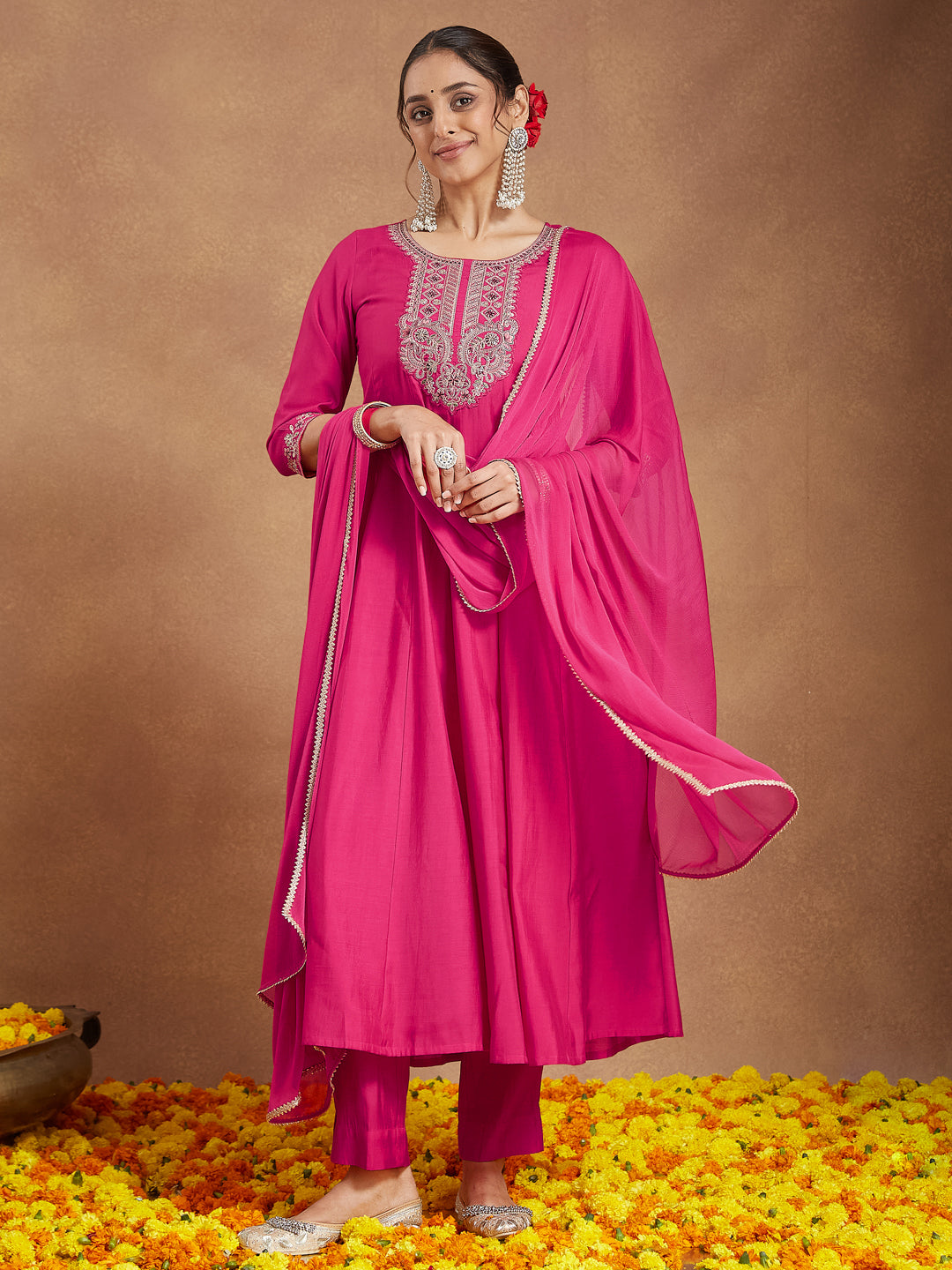 Women's Pink Chanderi Silk Yoke Embroidered Anarkali Kurta Set