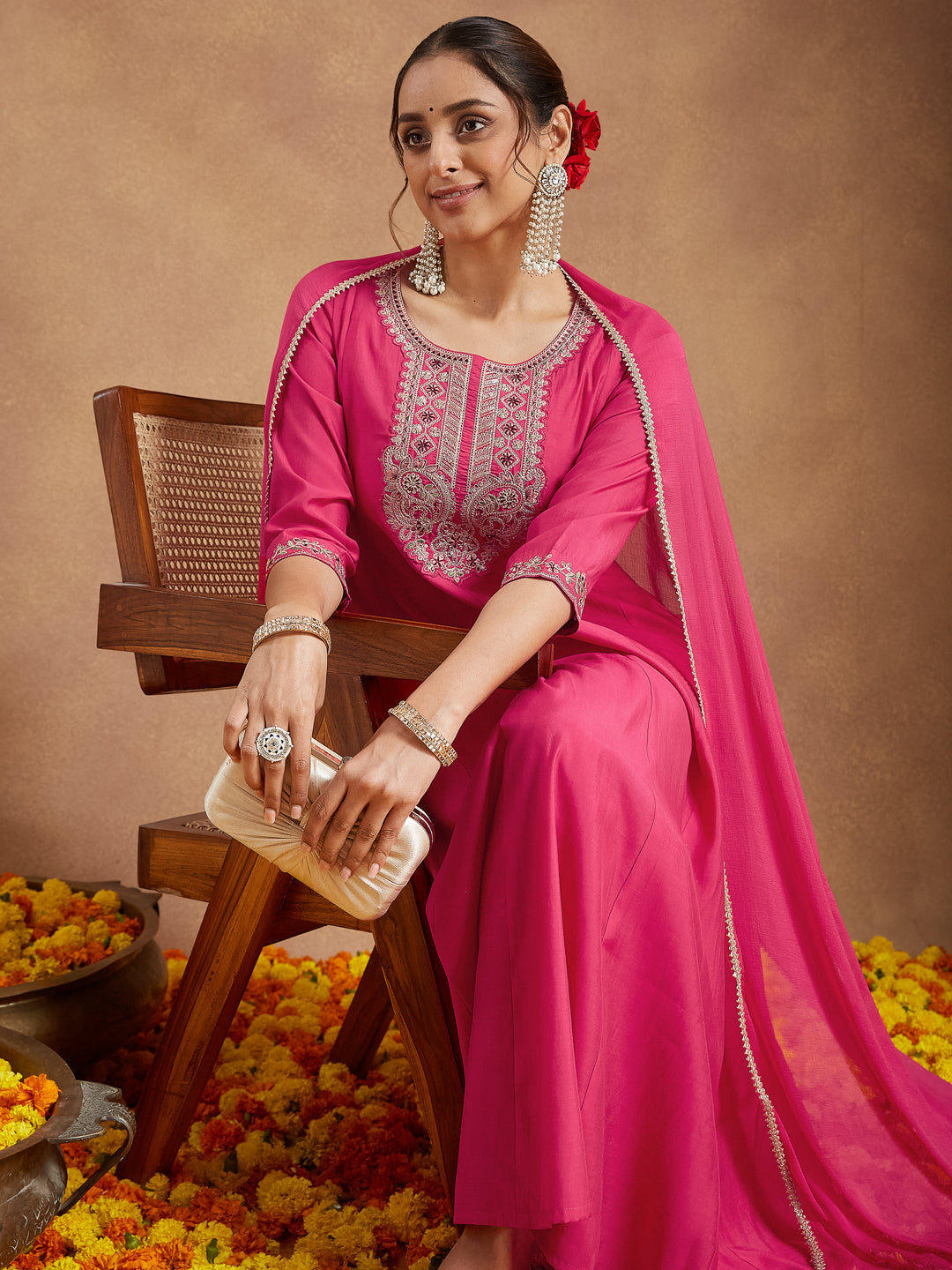 Women's Pink Chanderi Silk Yoke Embroidered Anarkali Kurta Set