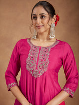 Women's Pink Chanderi Silk Yoke Embroidered Anarkali Kurta Set