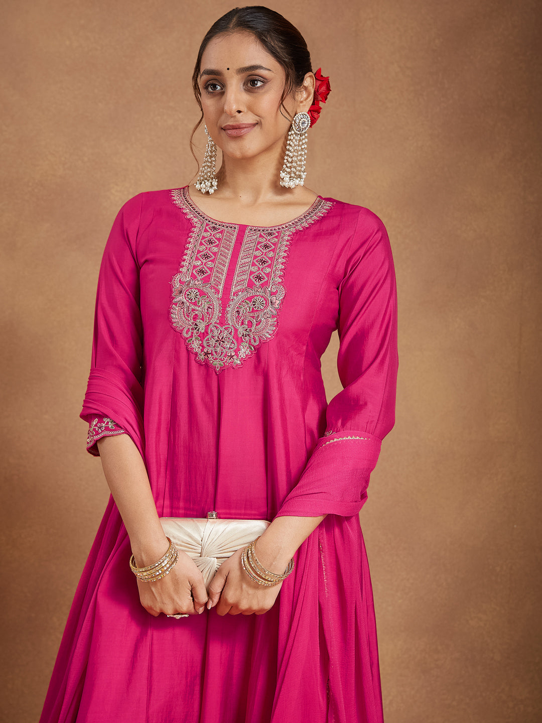 Women's Pink Chanderi Silk Yoke Embroidered Anarkali Kurta Set
