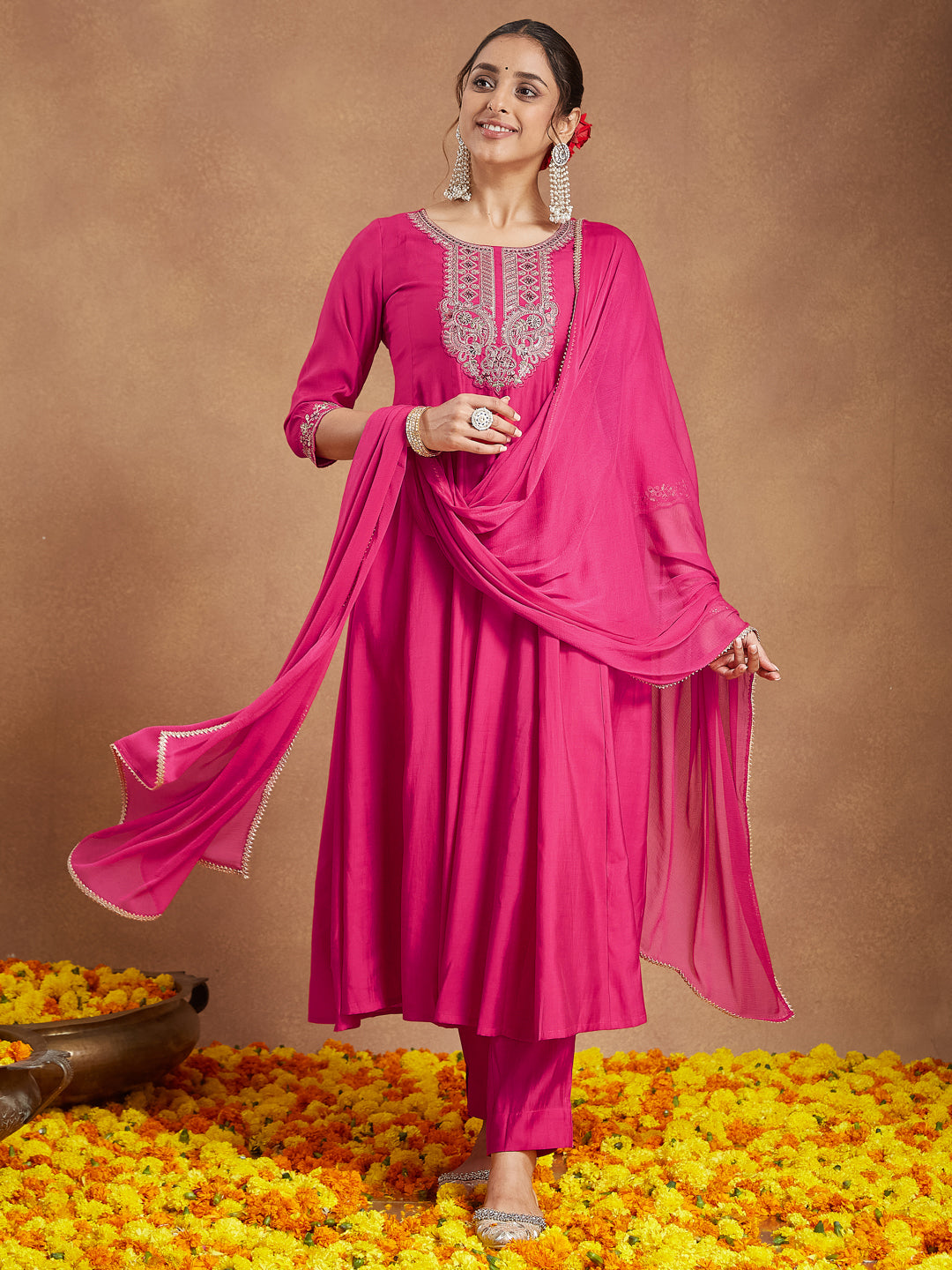 Women's Pink Chanderi Silk Yoke Embroidered Anarkali Kurta Set