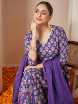 Women's Purple Rayon Ethnic Motifs Gold Printed Anarkali Kurta Set