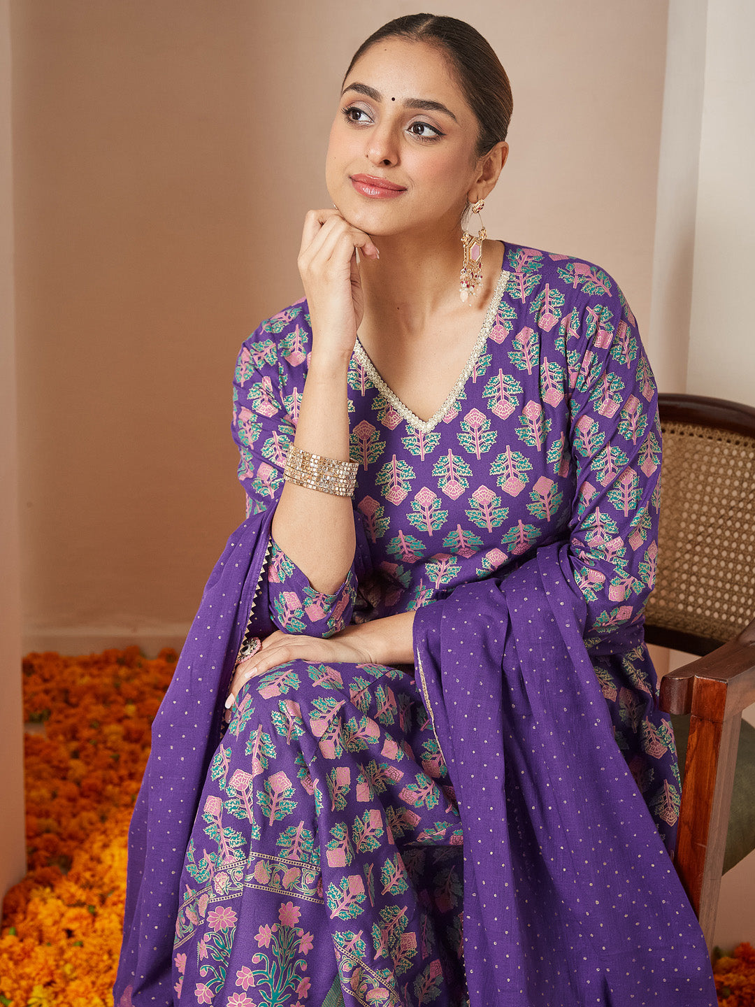 Women's Purple Rayon Ethnic Motifs Gold Printed Anarkali Kurta Set