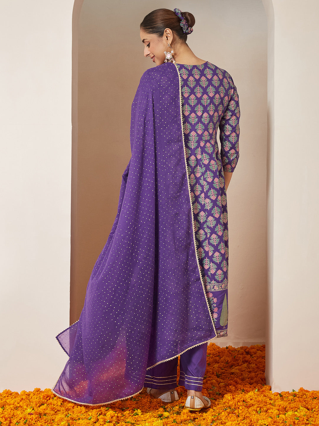 Women's Purple Rayon Ethnic Motifs Gold Printed Anarkali Kurta Set