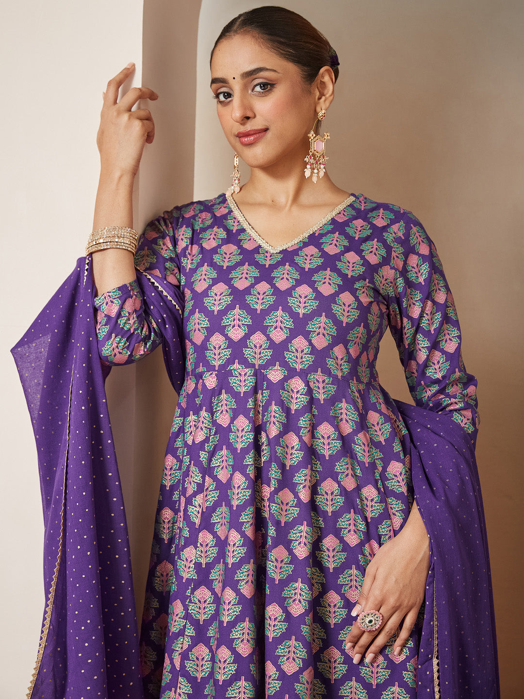 Women's Purple Rayon Ethnic Motifs Gold Printed Anarkali Kurta Set