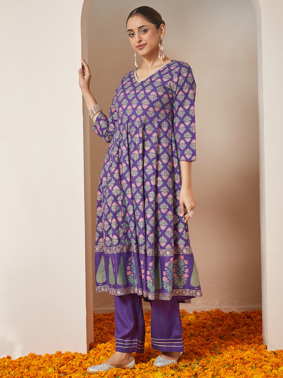 Women's Purple Rayon Ethnic Motifs Gold Printed Anarkali Kurta Set