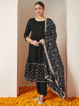 Women's Black Rayon Gold Printed Anarkali Kurta Set