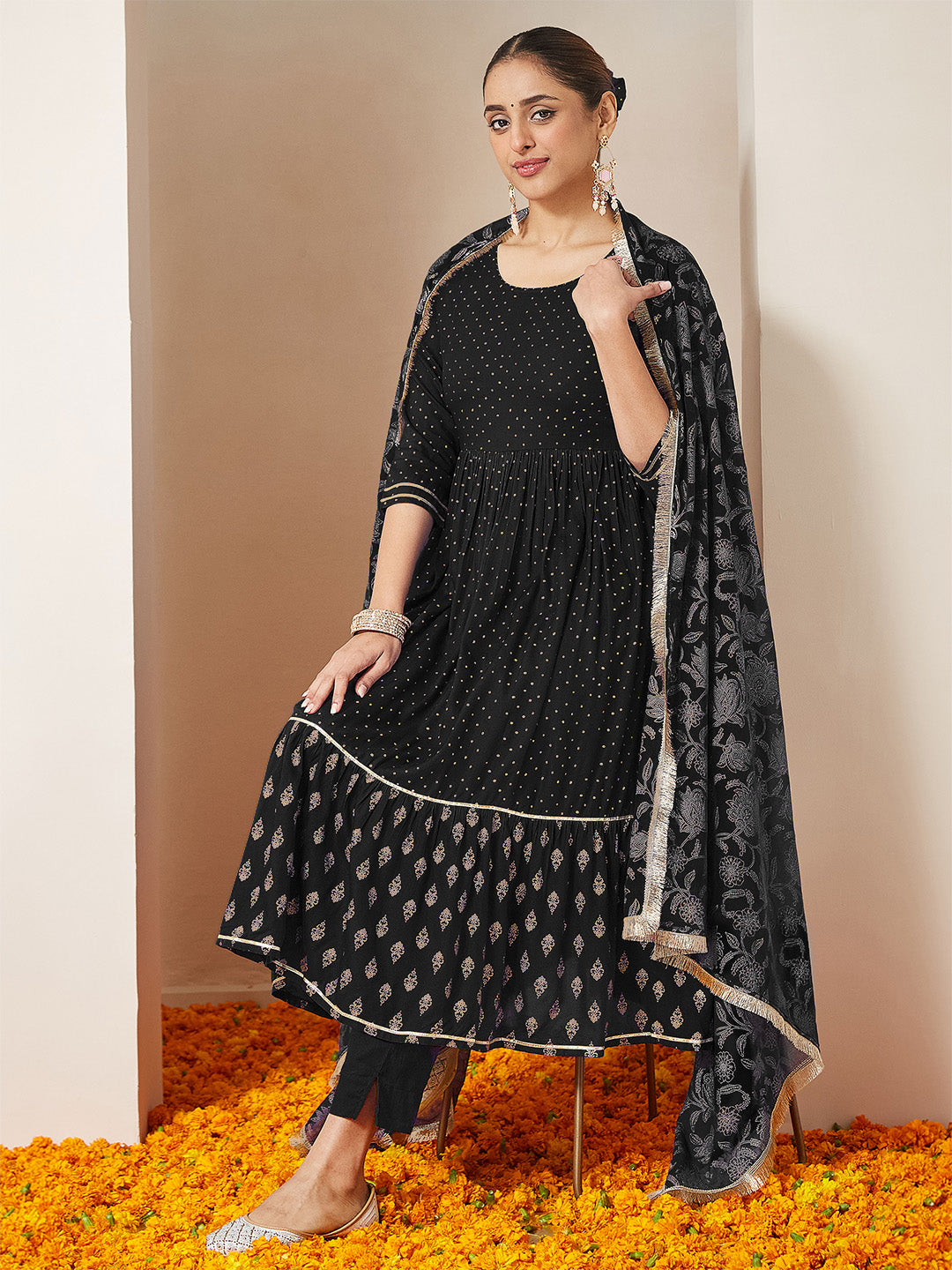 Women's Black Rayon Gold Printed Anarkali Kurta Set