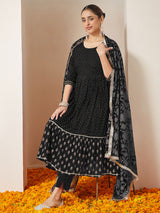 Women's Black Rayon Gold Printed Anarkali Kurta Set