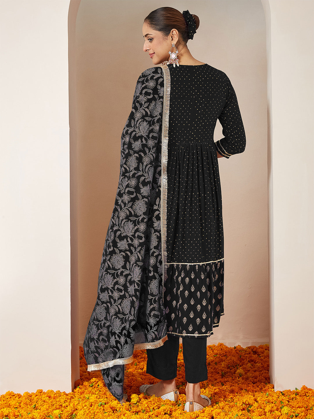 Women's Black Rayon Gold Printed Anarkali Kurta Set