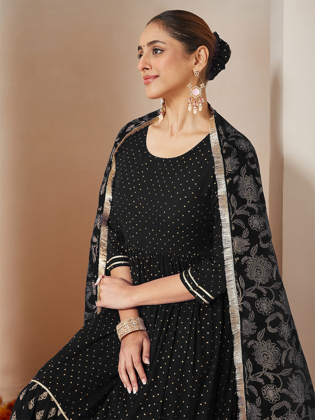 Women's Black Rayon Gold Printed Anarkali Kurta Set