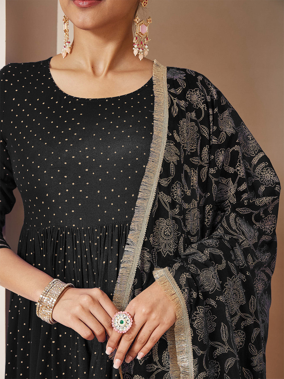 Women's Black Rayon Gold Printed Anarkali Kurta Set