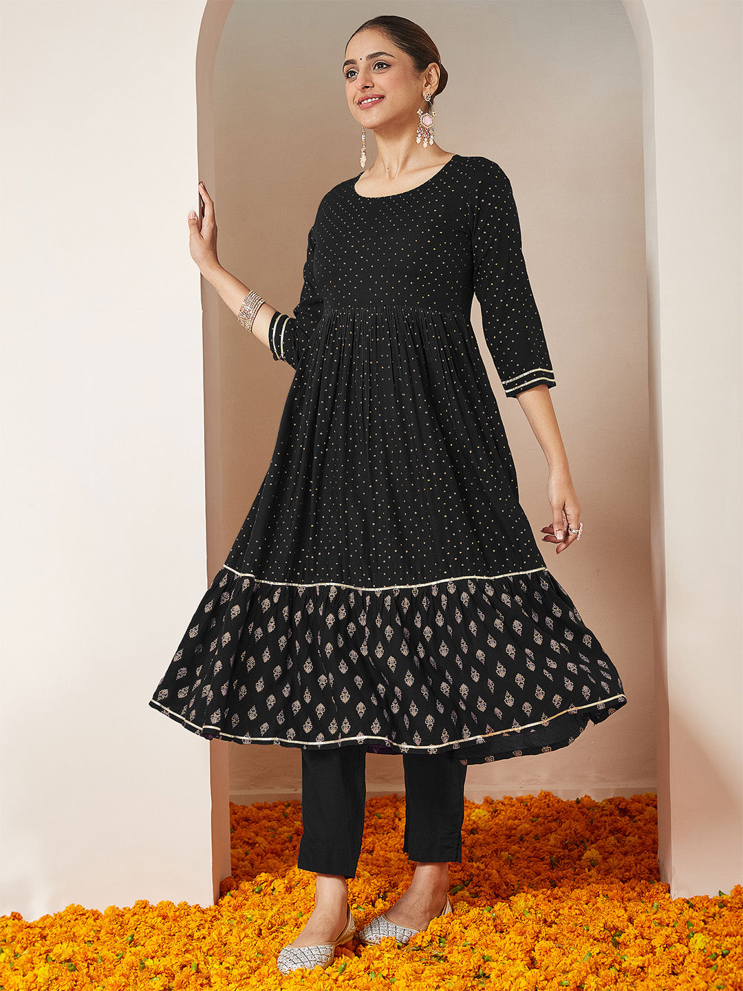 Women's Black Rayon Gold Printed Anarkali Kurta Set