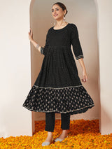 Women's Black Rayon Gold Printed Anarkali Kurta Set