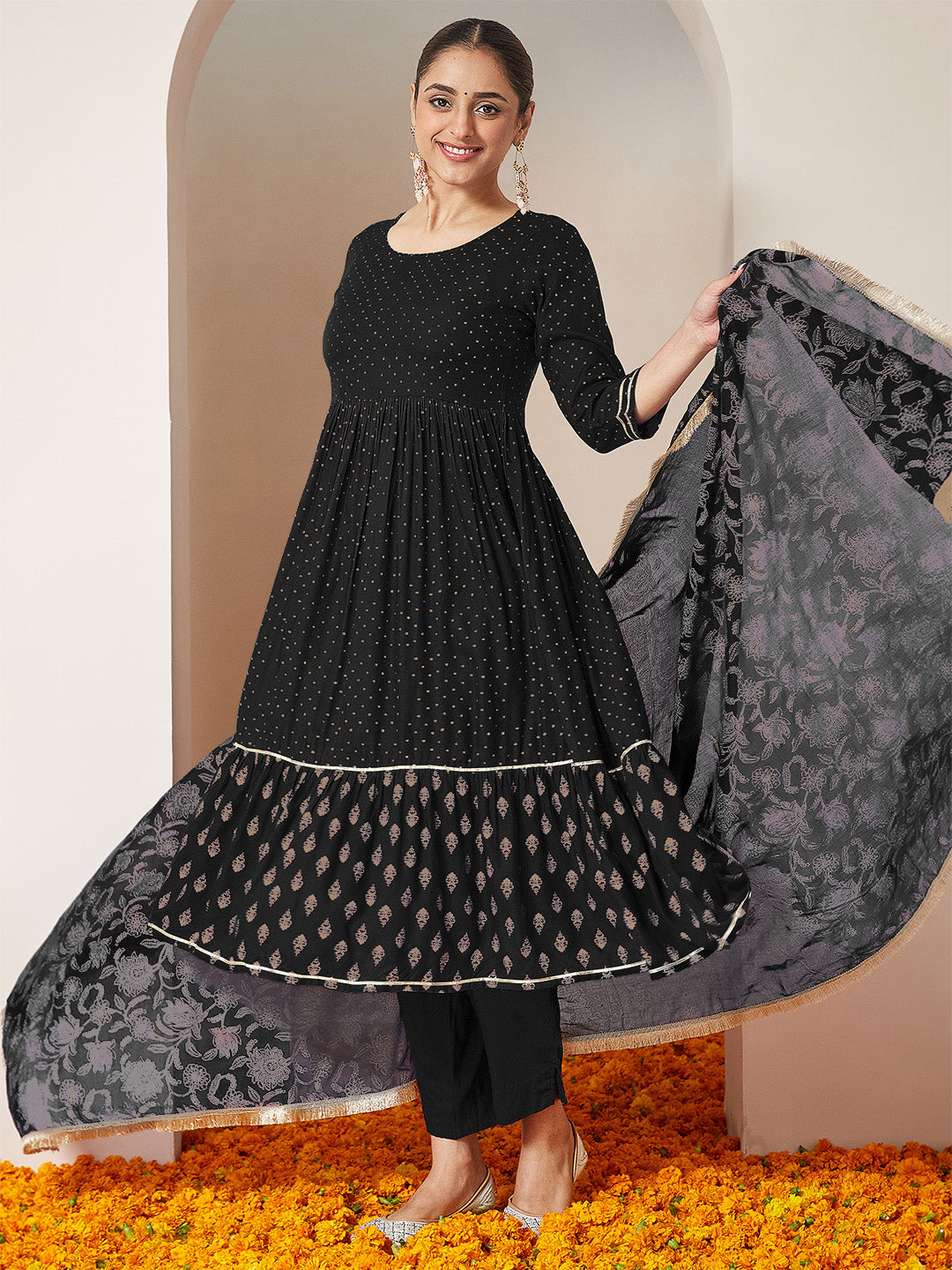 Women's Black Rayon Gold Printed Anarkali Kurta Set
