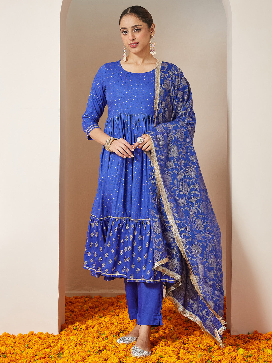 Women's Blue Pure Cotton Foil Printed A-line Kurta Set