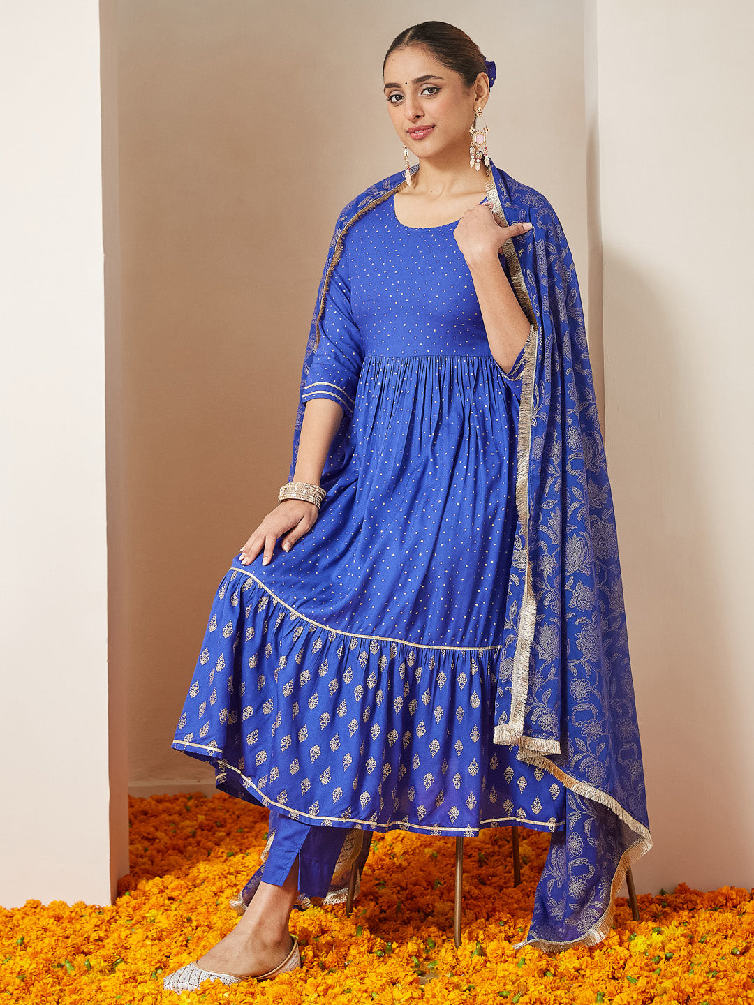 Women's Blue Pure Cotton Foil Printed A-line Kurta Set