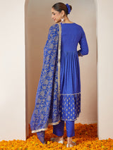 Women's Blue Pure Cotton Foil Printed A-line Kurta Set