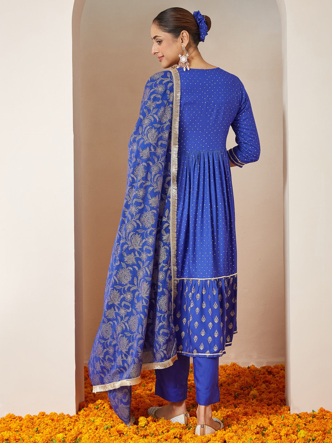 Women's Blue Pure Cotton Foil Printed A-line Kurta Set