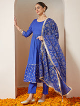 Women's Blue Pure Cotton Foil Printed A-line Kurta Set
