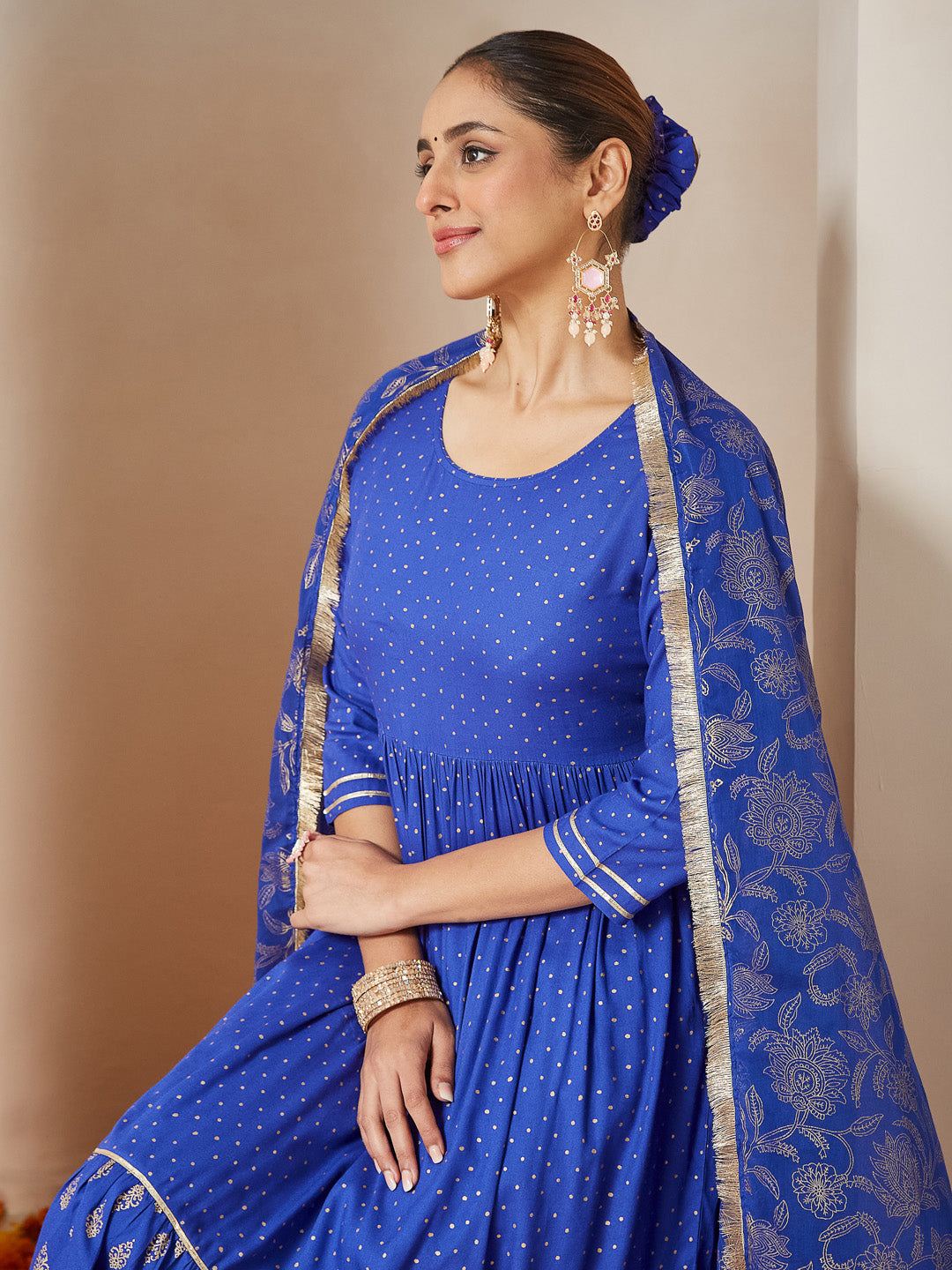 Women's Blue Pure Cotton Foil Printed A-line Kurta Set