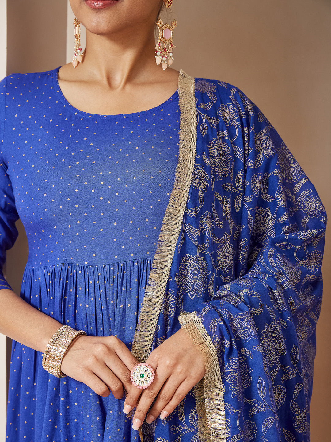 Women's Blue Pure Cotton Foil Printed A-line Kurta Set