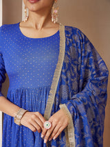 Women's Blue Pure Cotton Foil Printed A-line Kurta Set