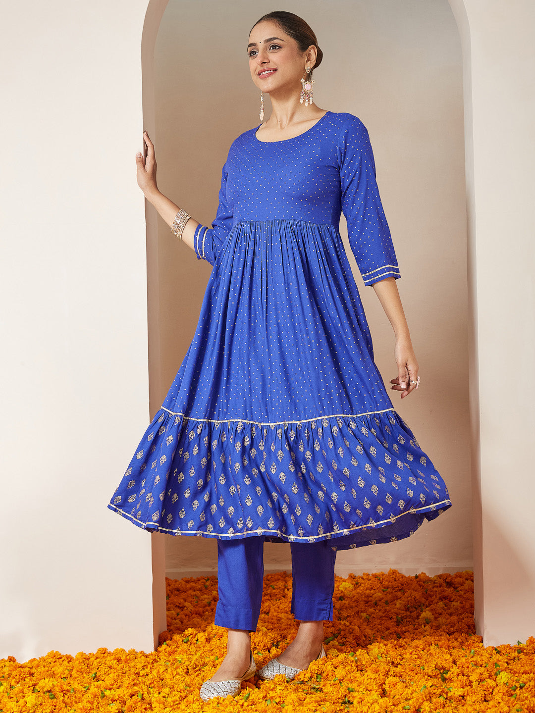 Women's Blue Pure Cotton Foil Printed A-line Kurta Set
