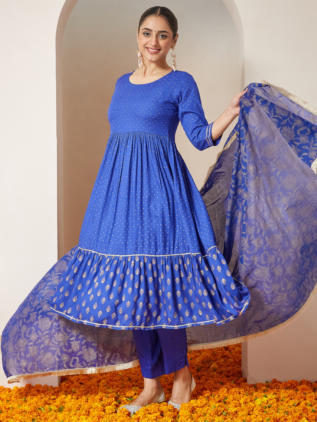 Women's Blue Pure Cotton Foil Printed A-line Kurta Set