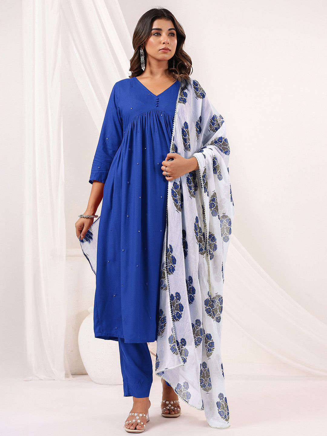 Women's Blue Rayon Embellished Mirror Work A-line Kurta Set