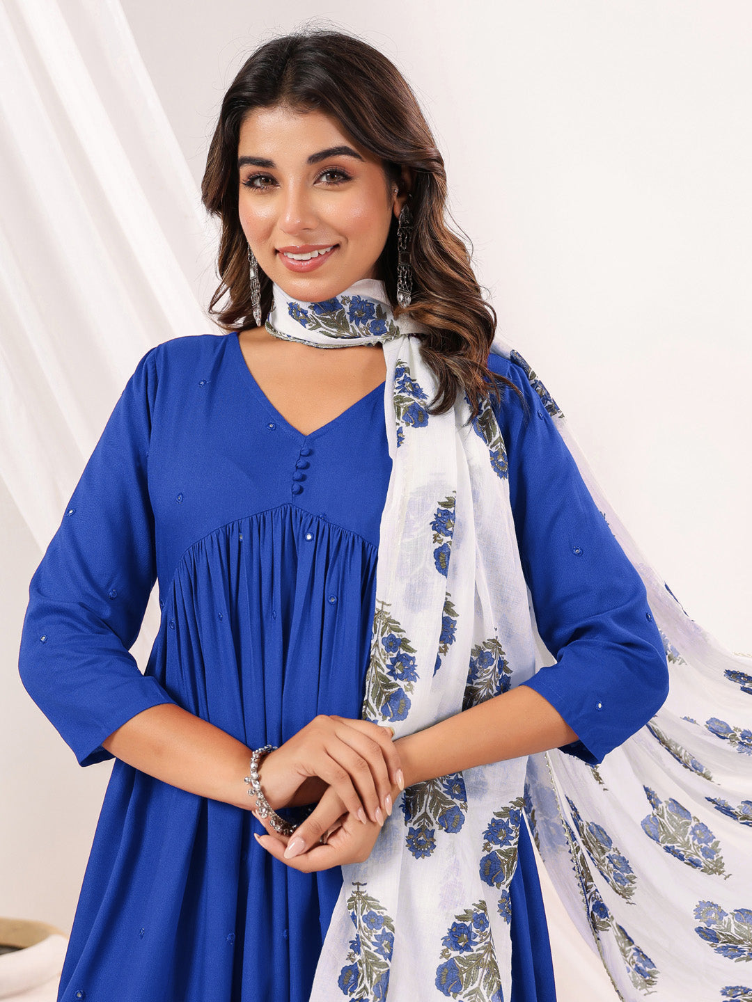 Women's Blue Rayon Embellished Mirror Work A-line Kurta Set