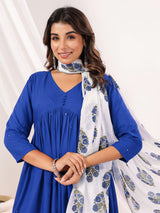 Women's Blue Rayon Embellished Mirror Work A-line Kurta Set