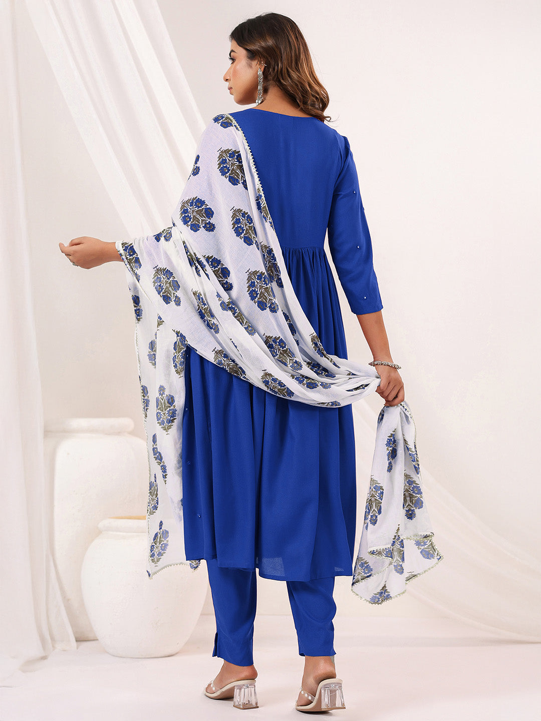 Women's Blue Rayon Embellished Mirror Work A-line Kurta Set