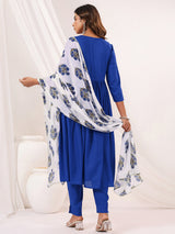 Women's Blue Rayon Embellished Mirror Work A-line Kurta Set