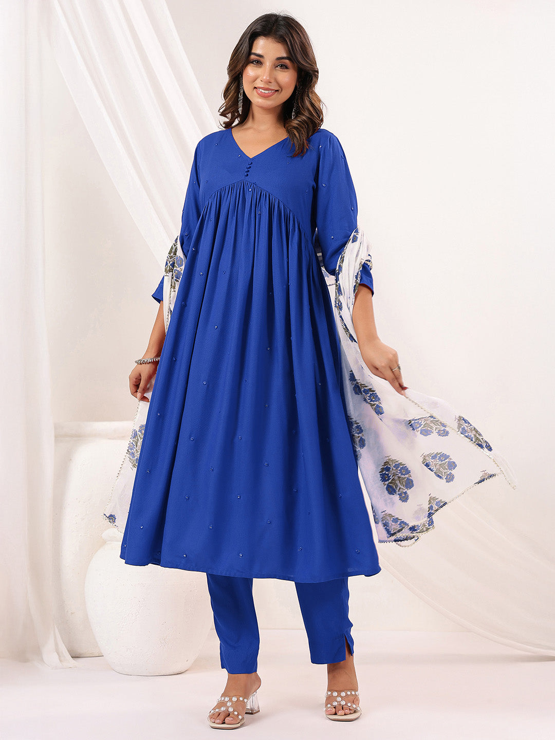 Women's Blue Rayon Embellished Mirror Work A-line Kurta Set