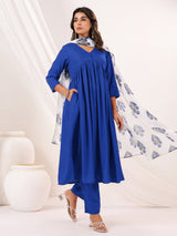 Women's Blue Rayon Embellished Mirror Work A-line Kurta Set