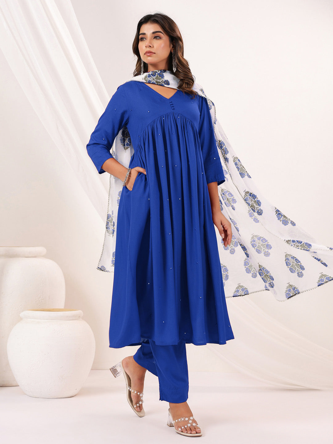 Women's Blue Rayon Embellished Mirror Work A-line Kurta Set