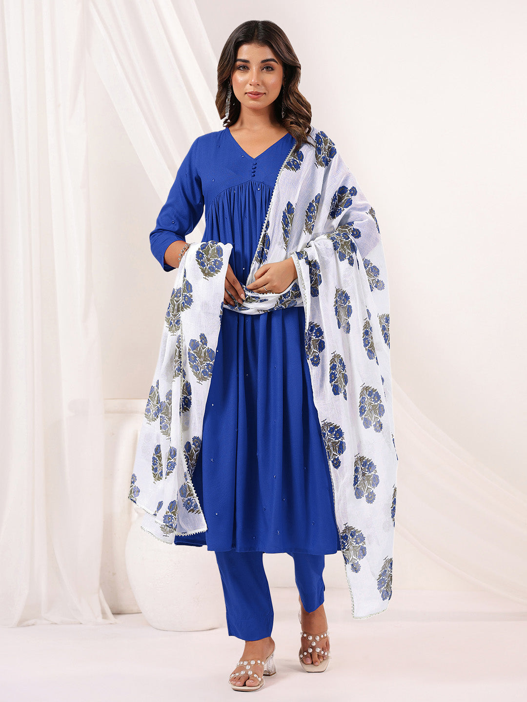 Women's Blue Rayon Embellished Mirror Work A-line Kurta Set