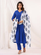 Women's Blue Rayon Embellished Mirror Work A-line Kurta Set