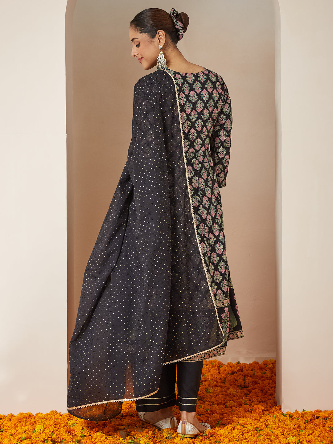 Women's Black Rayon Foil Printed Anarkali Kurta Set