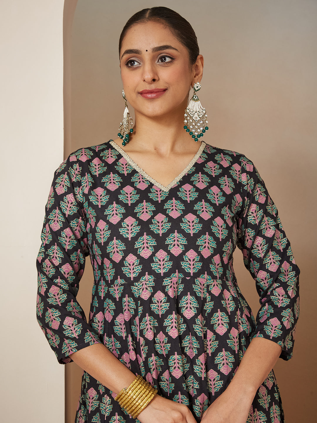 Women's Black Rayon Foil Printed Anarkali Kurta Set