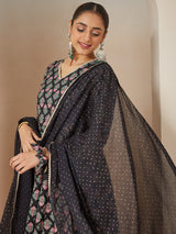 Women's Black Rayon Foil Printed Anarkali Kurta Set