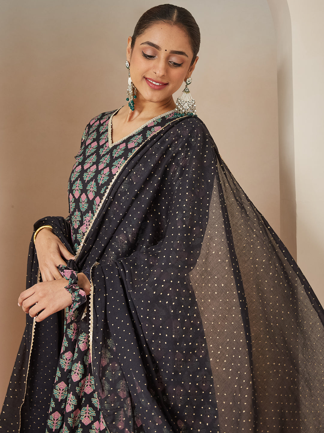 Women's Black Rayon Foil Printed Anarkali Kurta Set